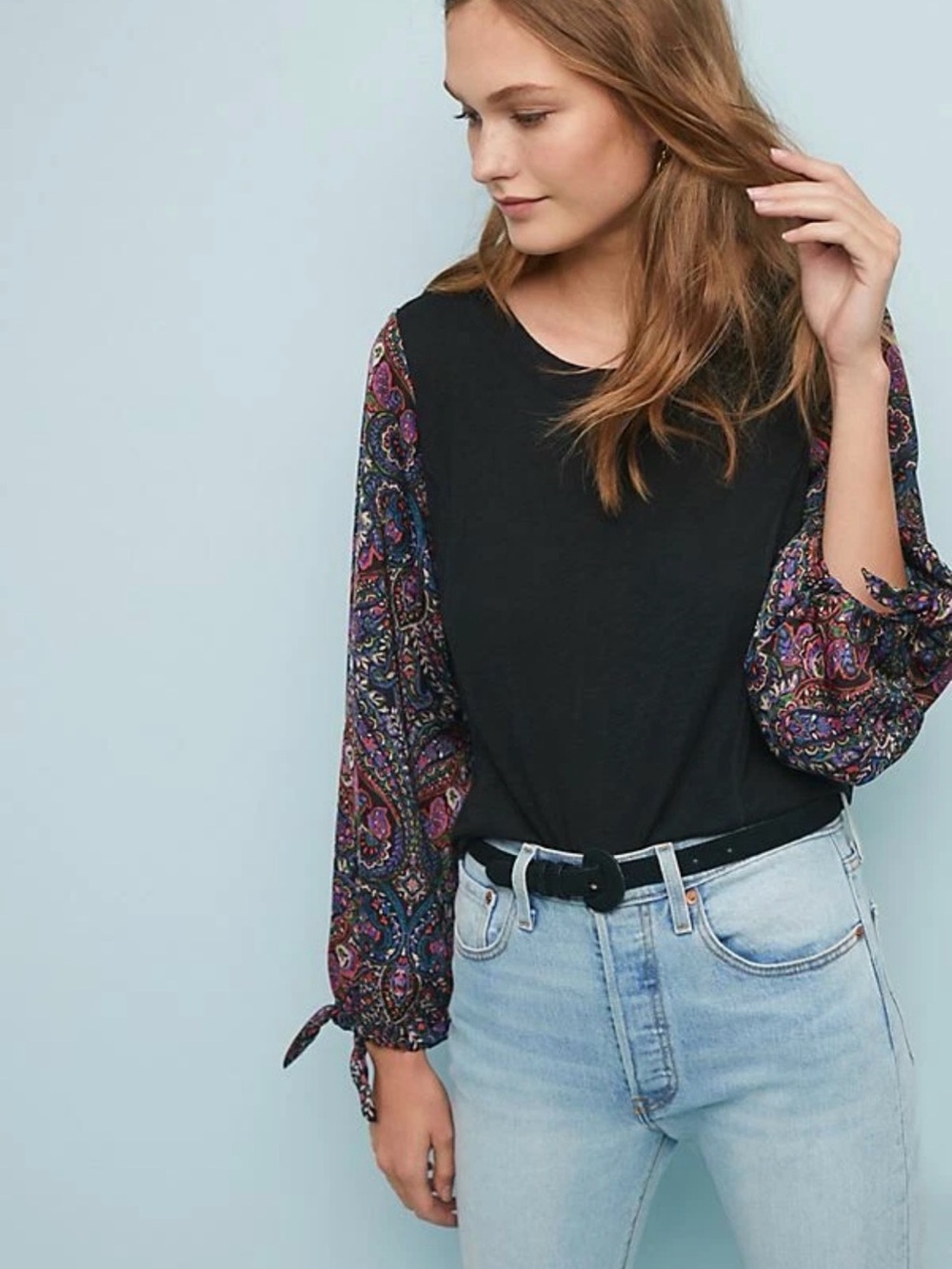Anthropologie | Black Long-Sleeve Top with Multicolor Paisley Balloon Sleeves